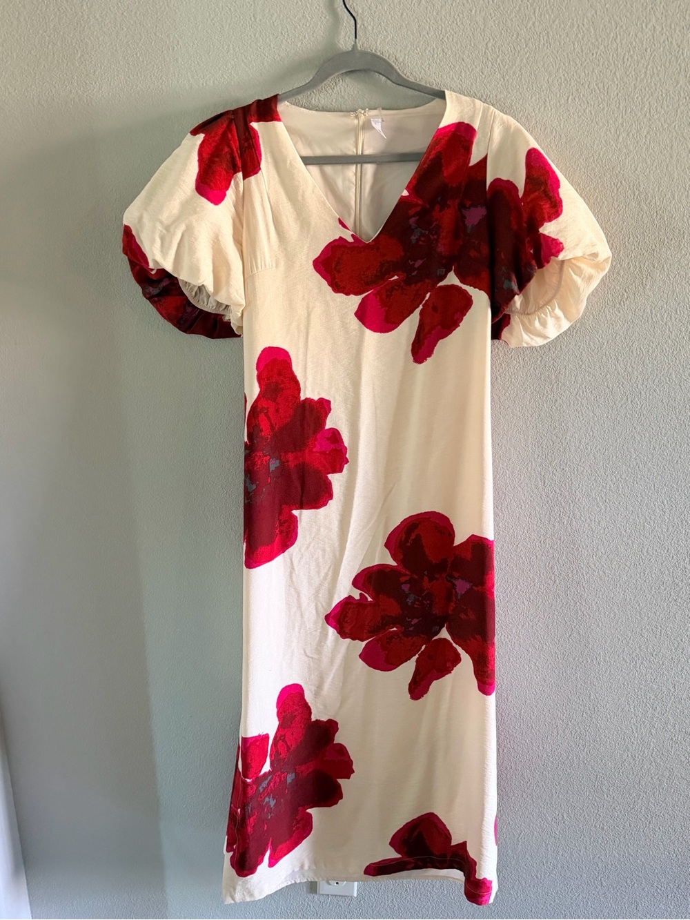 glam Cream Midi Dress with Red & Fuchsia Floral Print